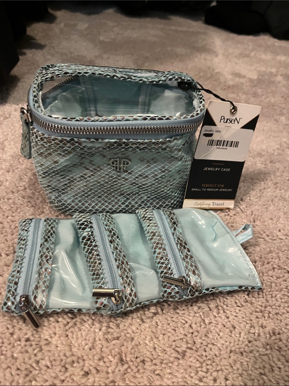 PurseN Light Blue Snake-Embossed Clear-Top Jewelry Travel Case